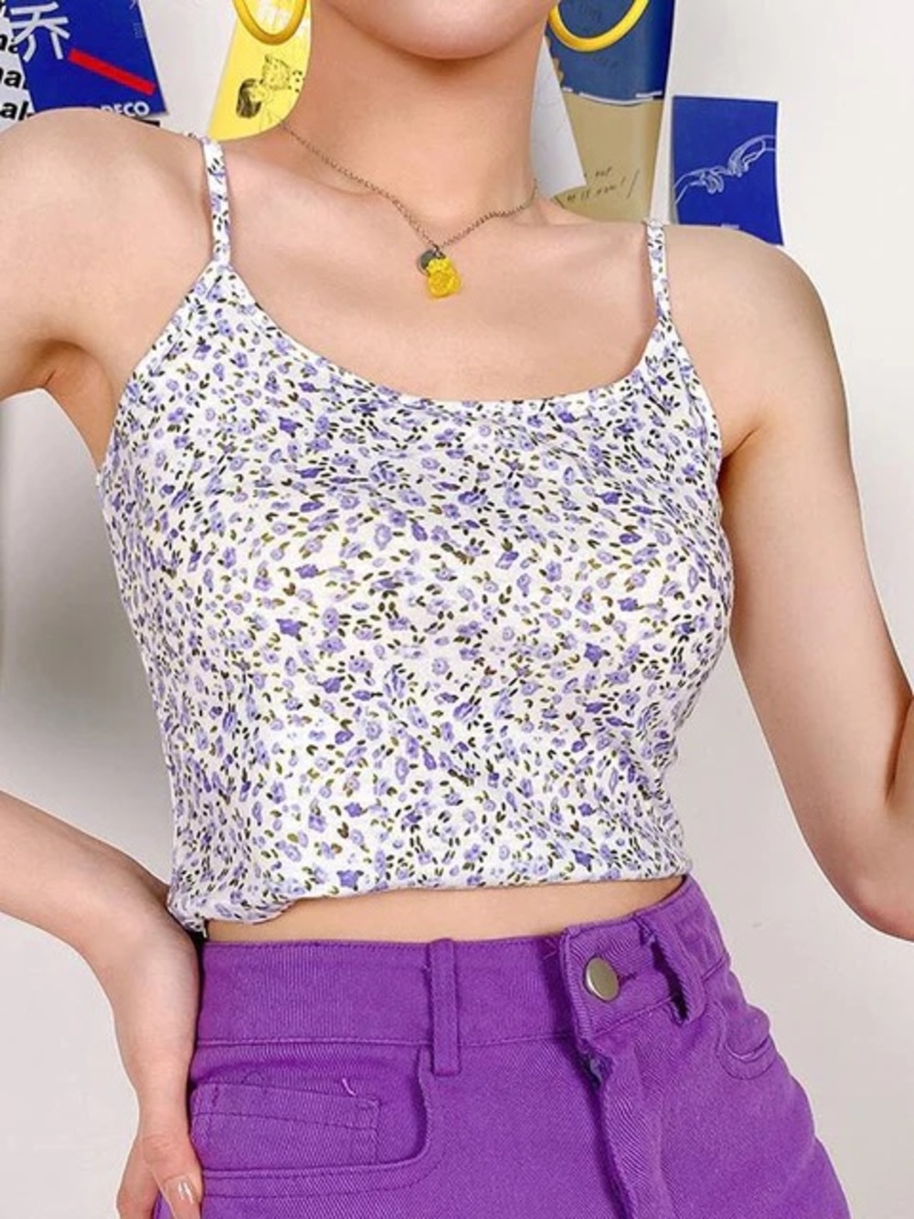 Floral Lavender Spaghetti-Strap Crop Top - Feminine Summer Layering